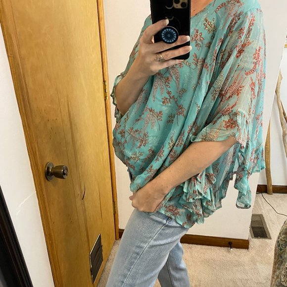 Sundance Wilde Aqua Chiffon Ruffle Loose Fit Boho Top Size Large - Picture 6 of 13